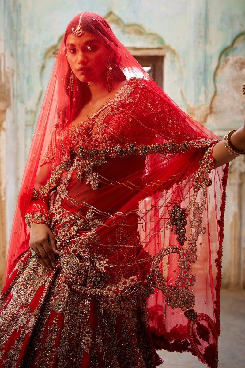 "Persephone" Red Raw Silk Bridal Lehenga