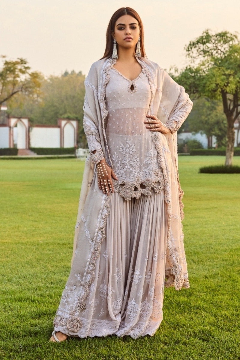 dress with sharara Celebrity-Inspired Sharara Suit Designs by Mysore Saree Udyog