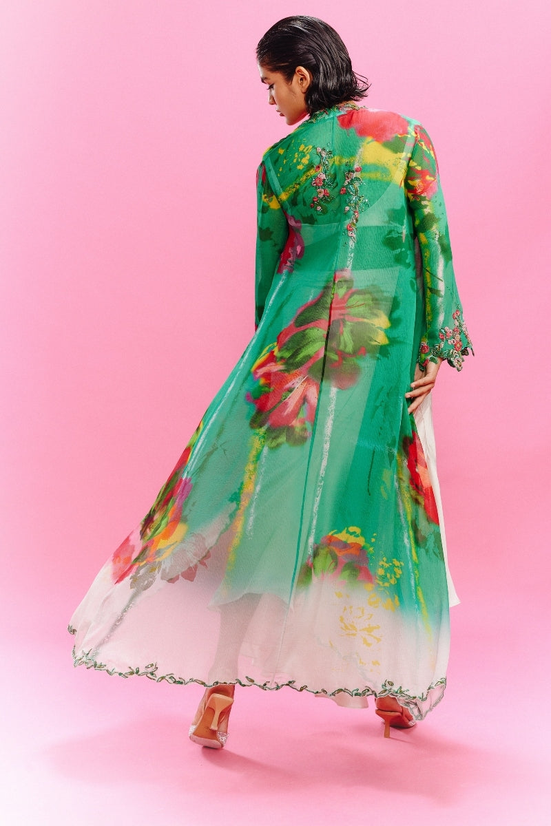 "Idika" Chiffon Printed Jacket with a Satin Skirt and Bustier