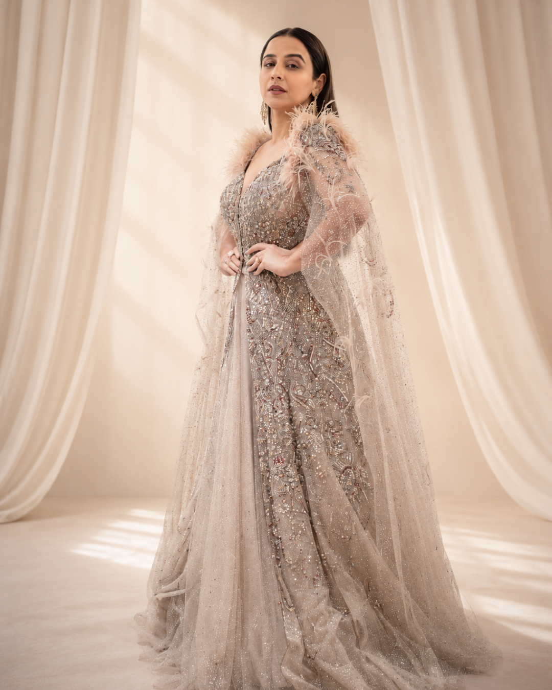 VIDYA BALAN in "Morning Dew" Silver Bridal Jacket Lehenga Set