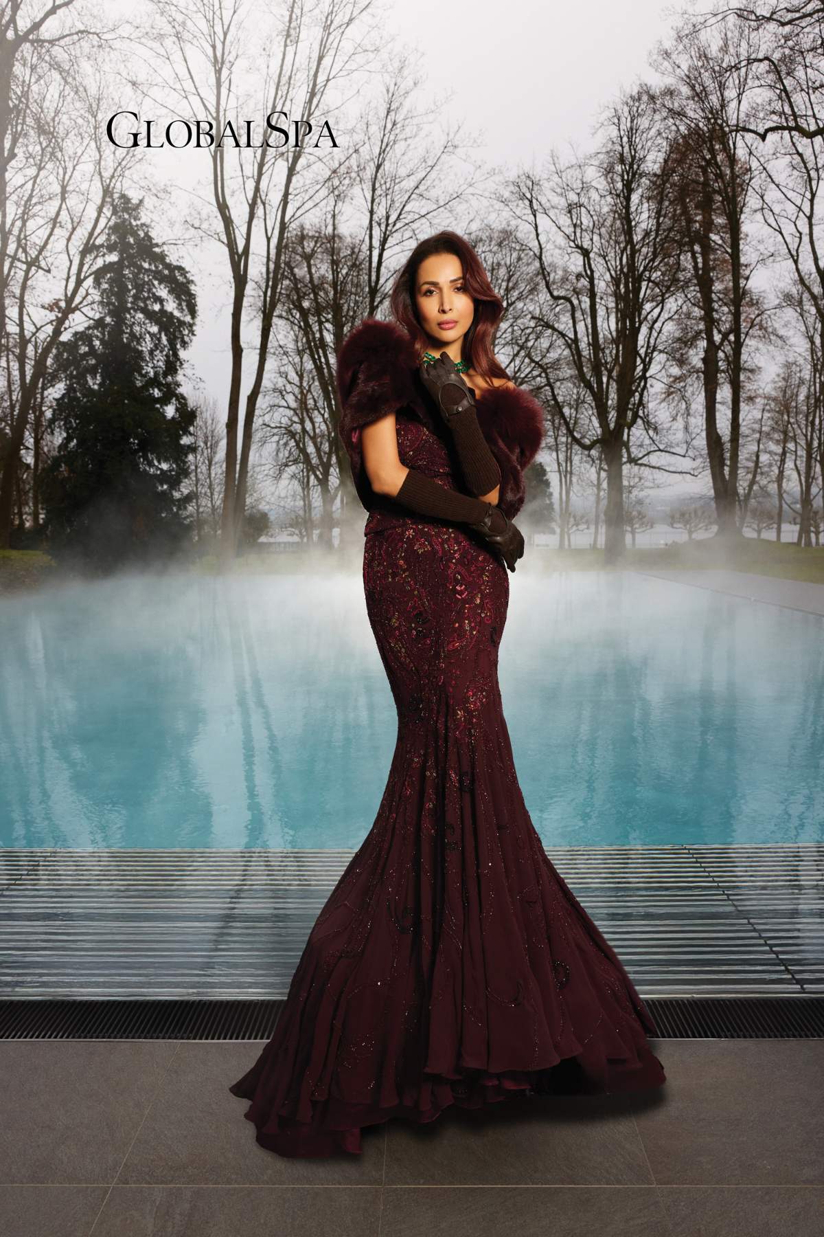 Malika Arora In Gilded Carmine Corset & Skirt Set with Cape Drape