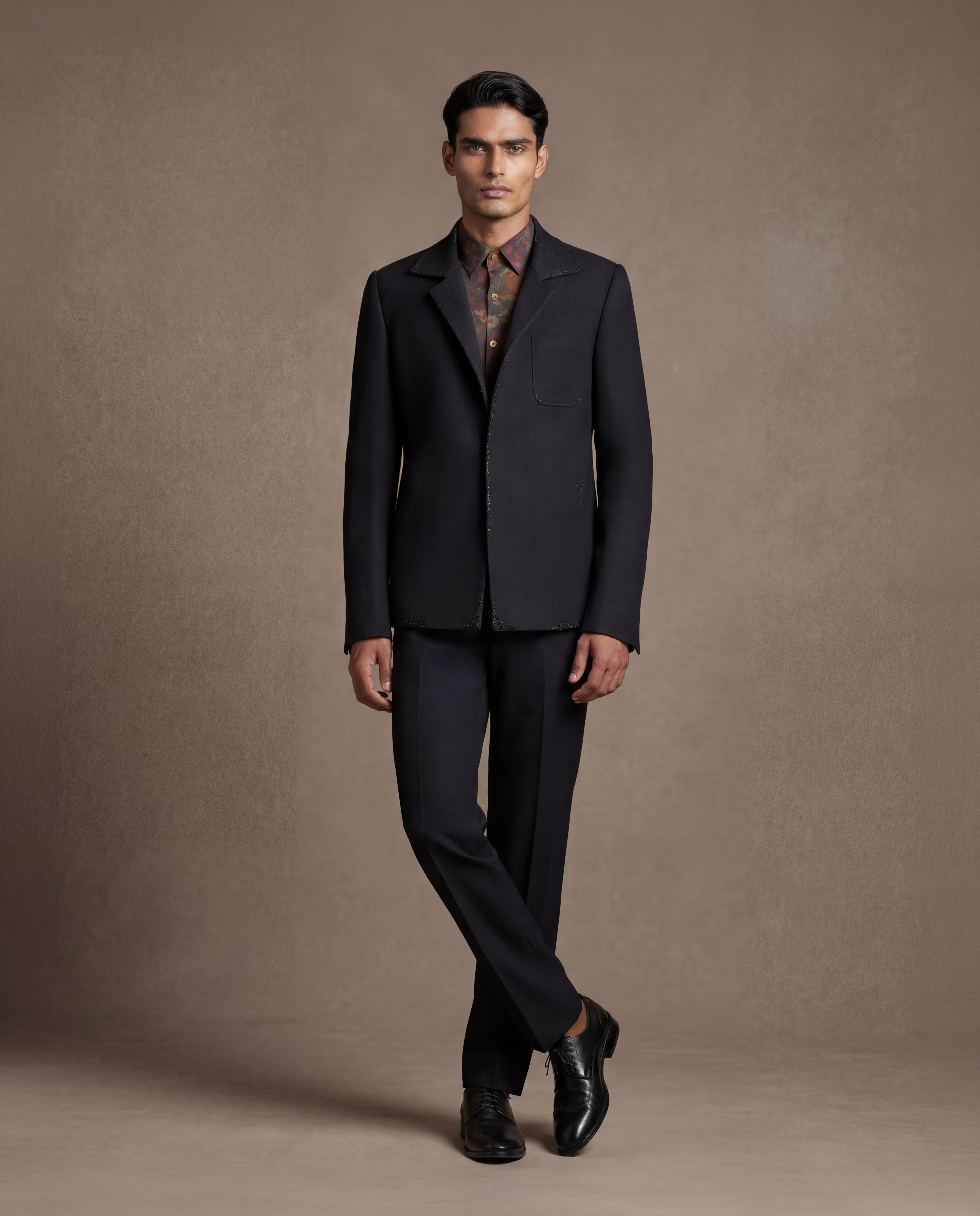 Navy Swarovski Open Jacket, Shirt & Pant Set