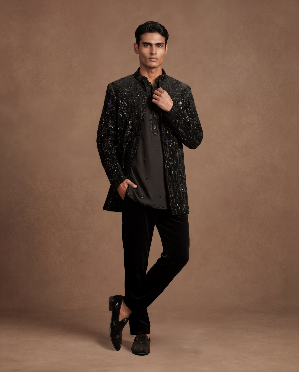 "Onyx Cascade Open Jacket, Kurta & Pant Set "