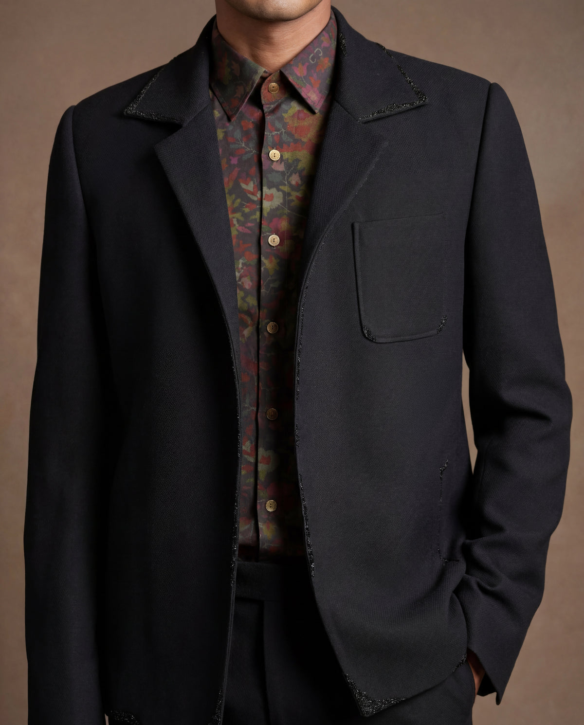 Navy Swarovski Open Jacket, Shirt & Pant Set