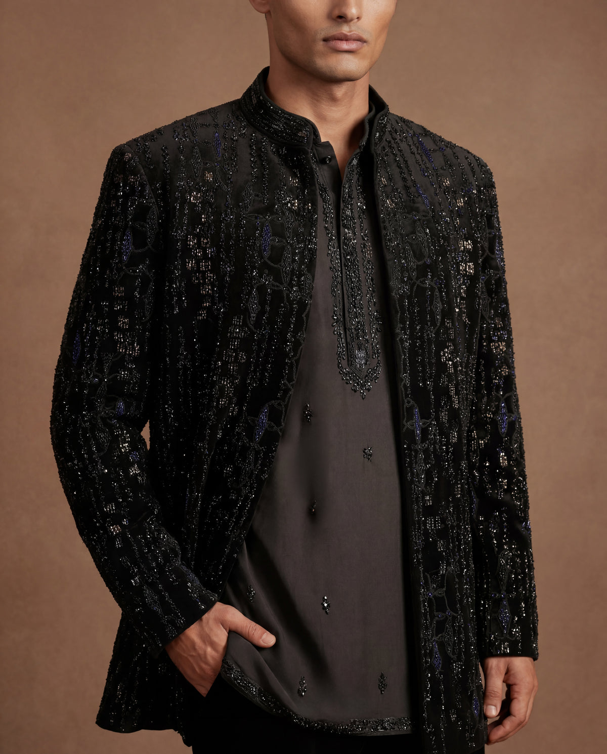 "Onyx Cascade Open Jacket, Kurta & Pant Set "