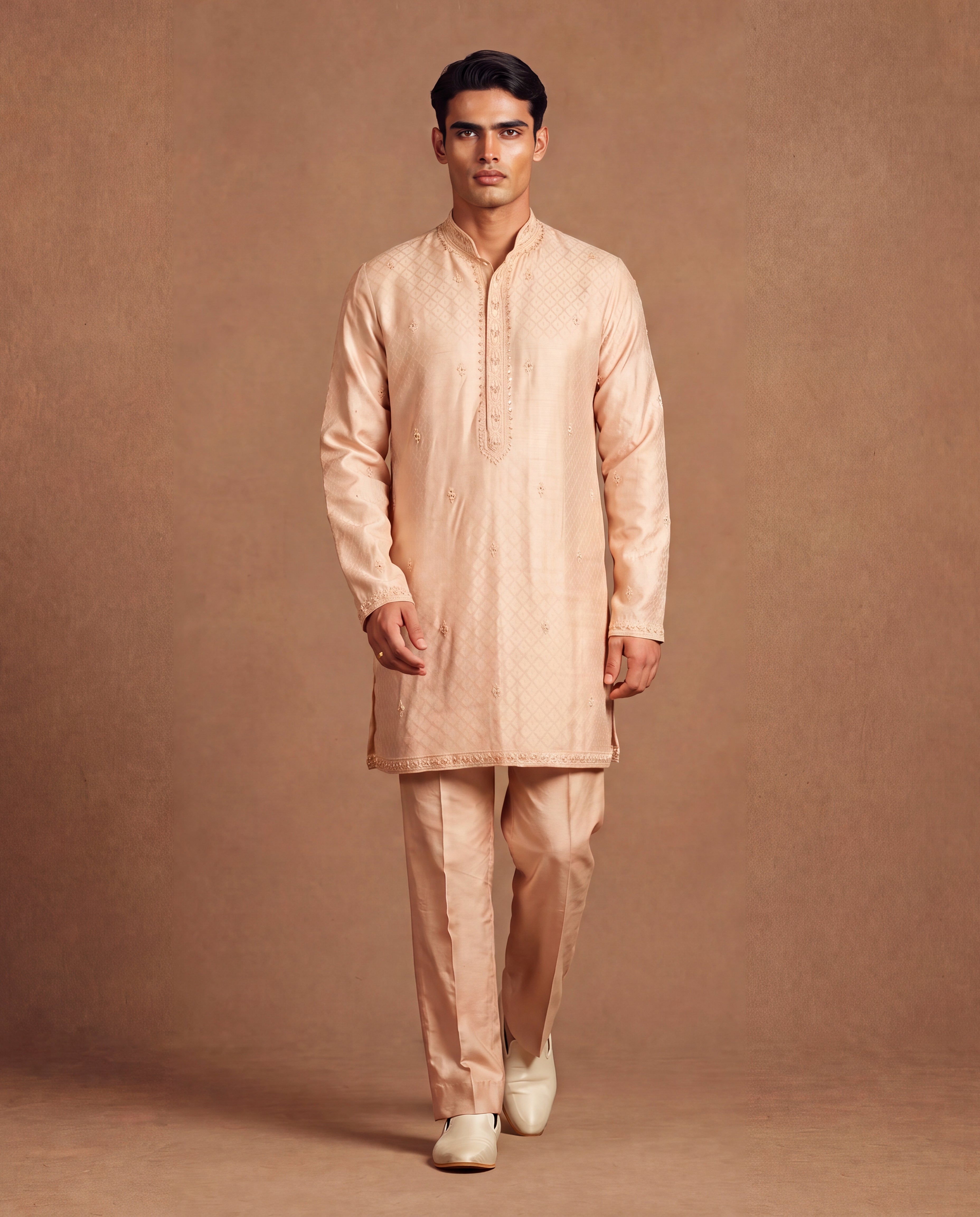 Beige Kashidakari Silk Kurta Set