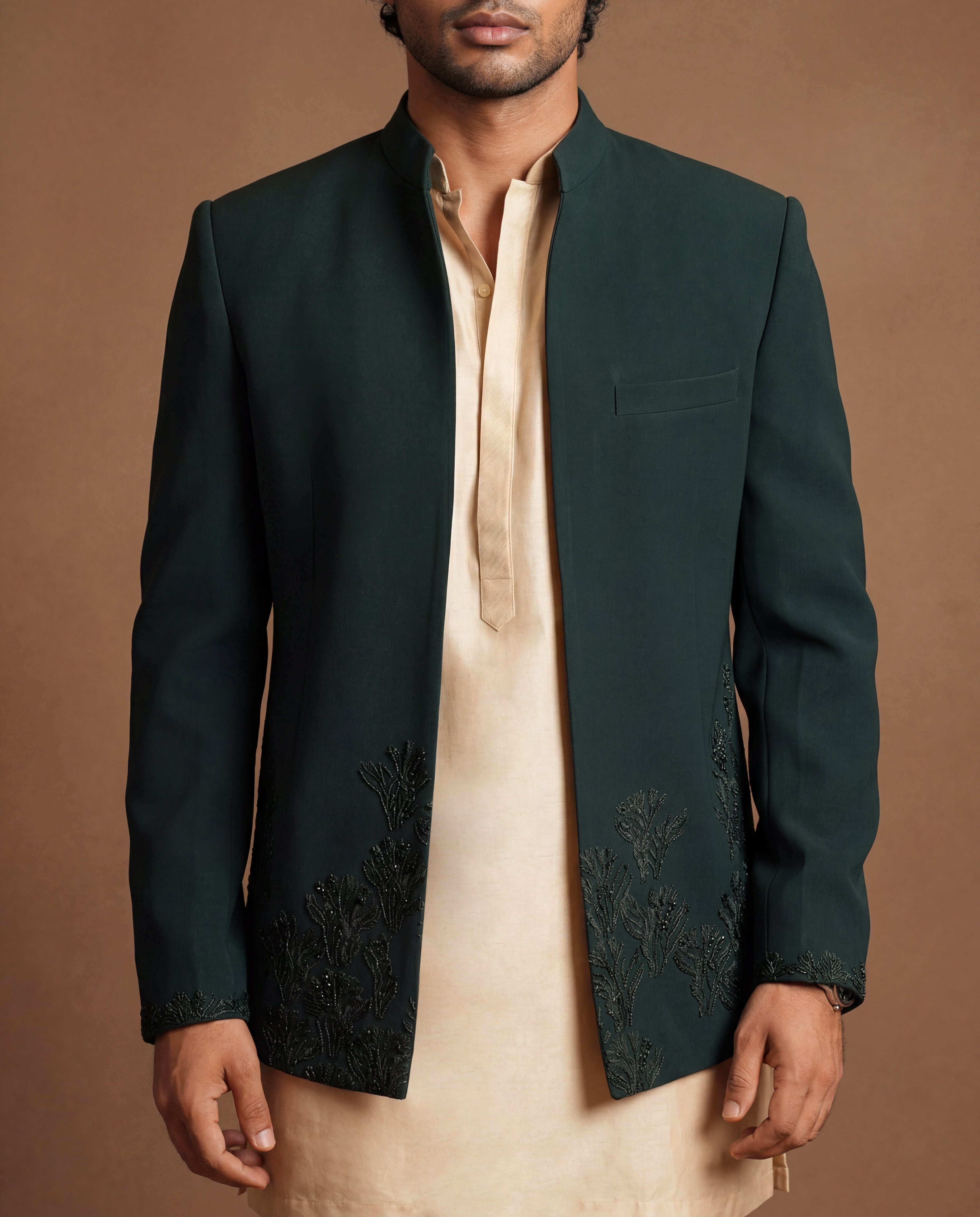 Emerald Reverie Open Jacket, Kurta & Pant Set