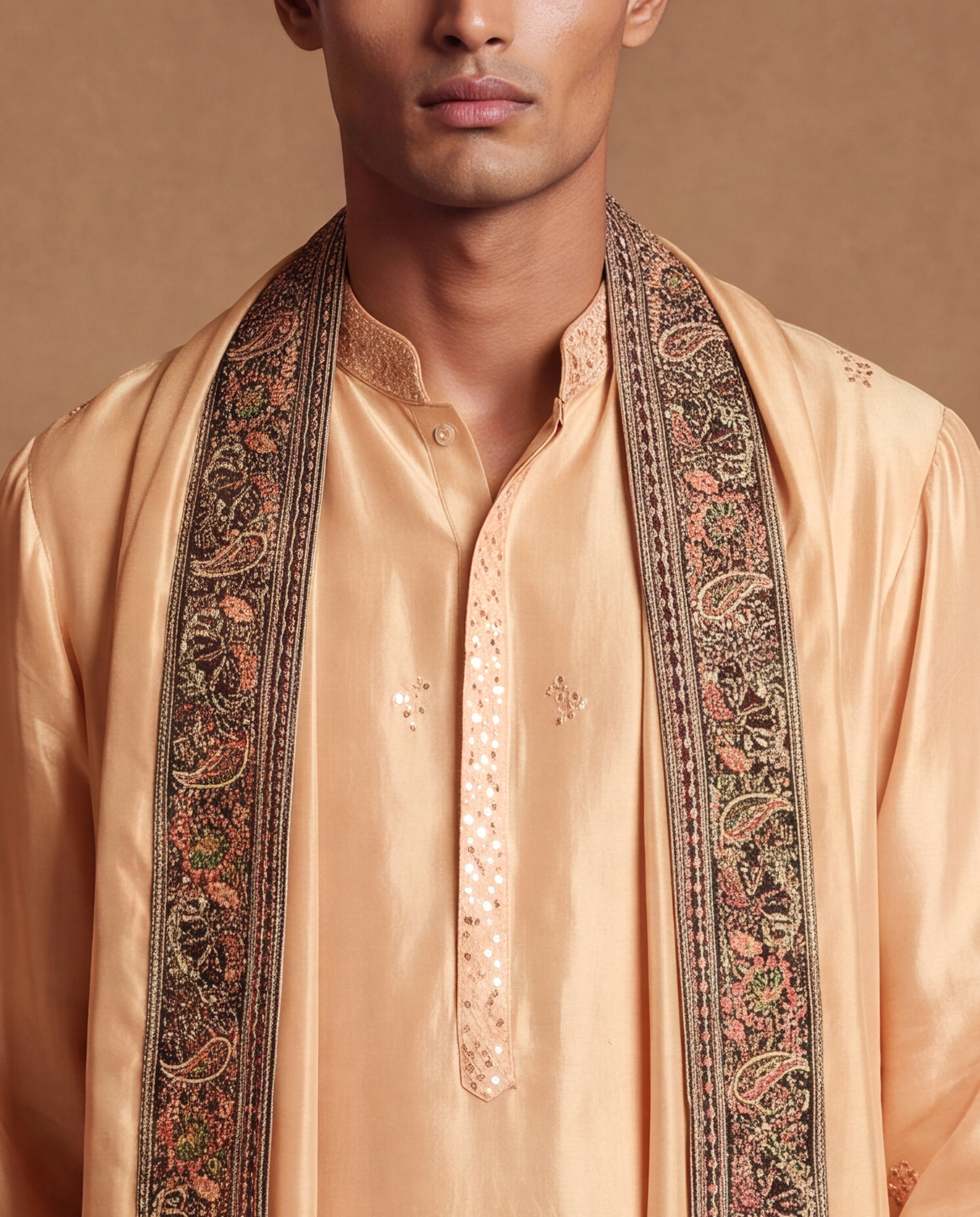 Beige Hand Embroidered Silk Kurta Set