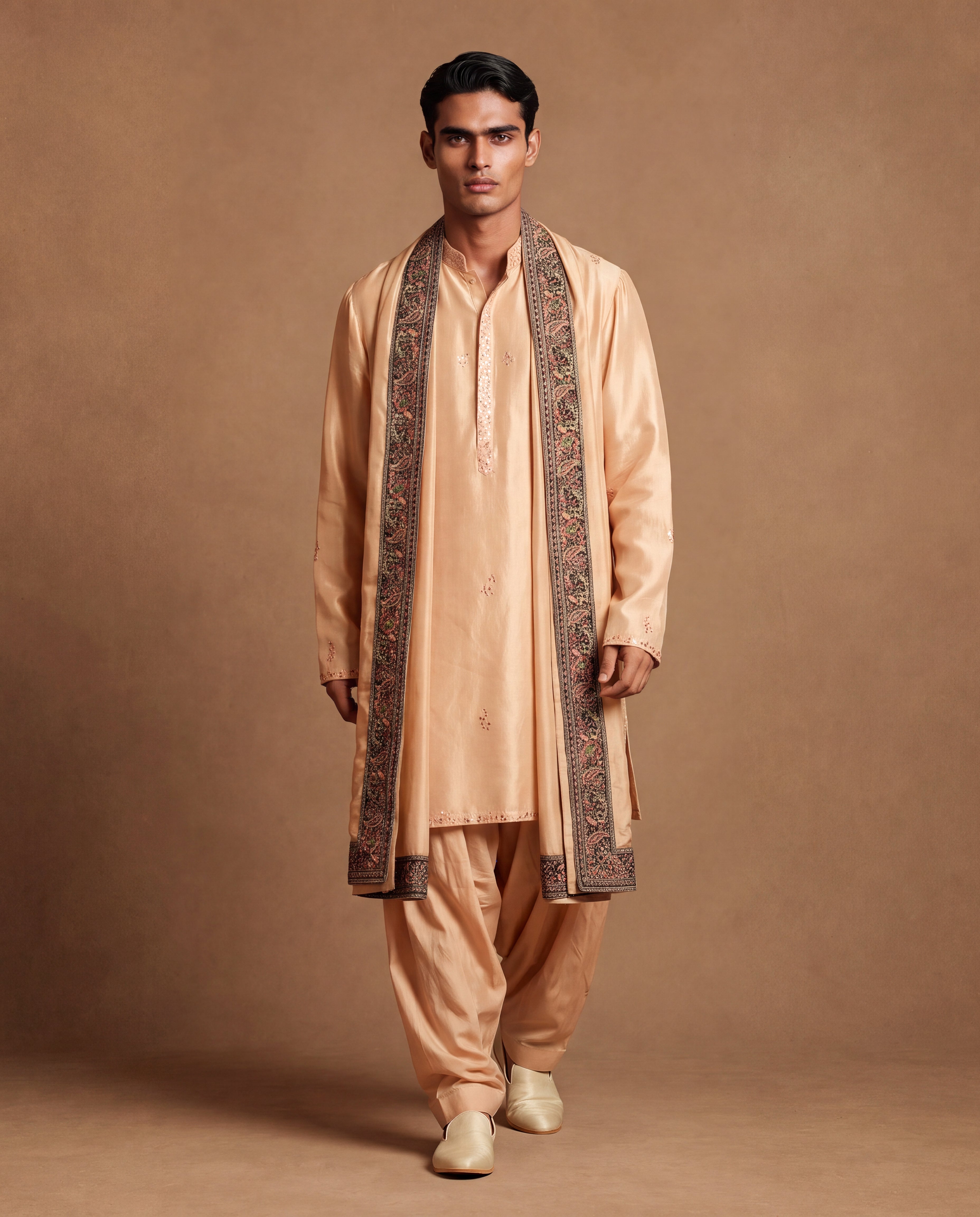Beige Hand Embroidered Silk Kurta Set