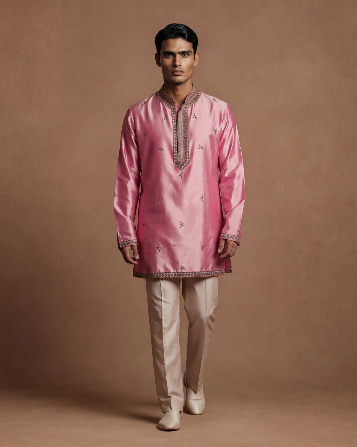 Pink Kashidakari Silk Kurta & Trouser Set