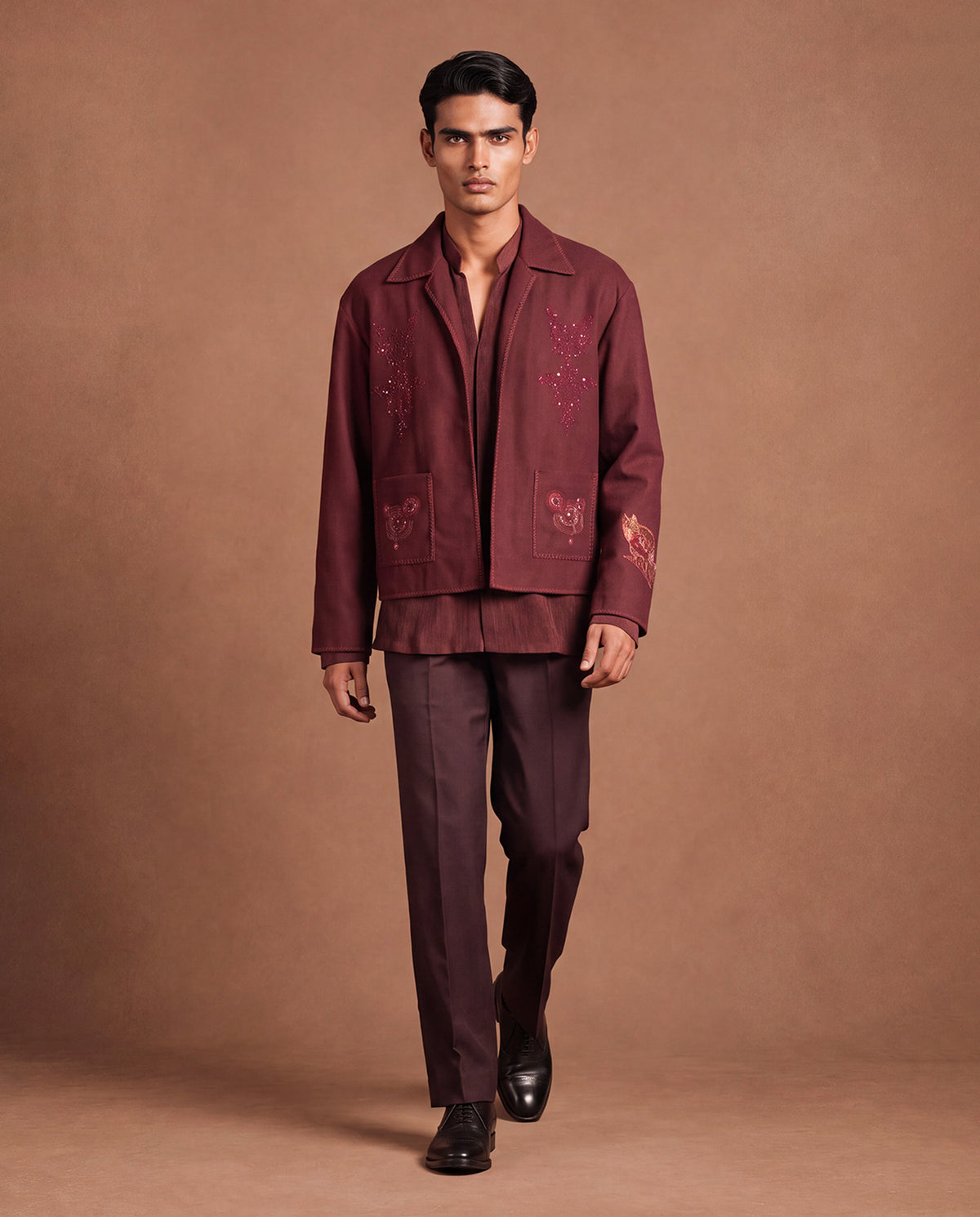 Burgundy Noir Open Jacket, Shirt & Pant Set