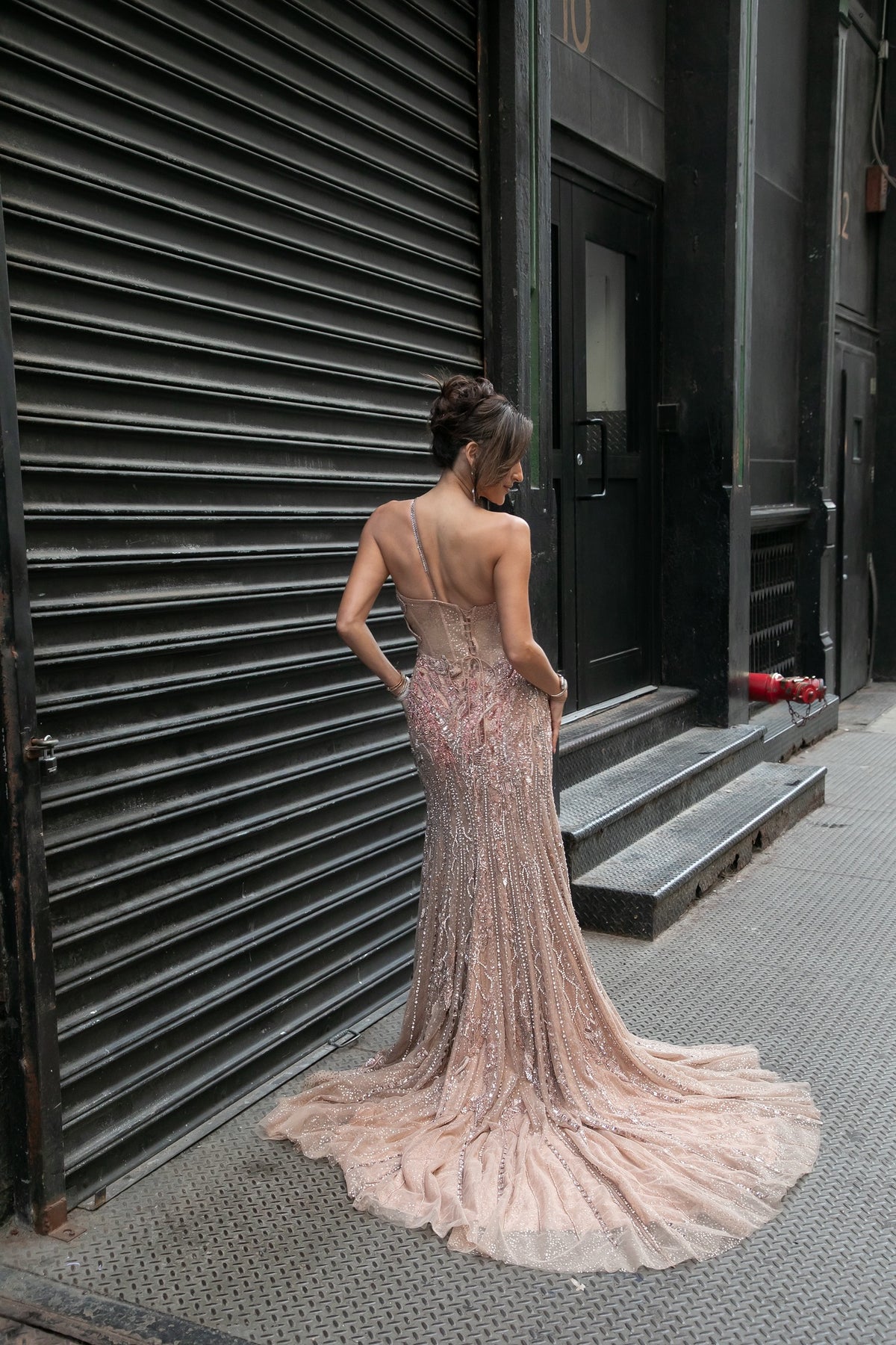 Ami Desai in Lumina Rosette Crystal Gown