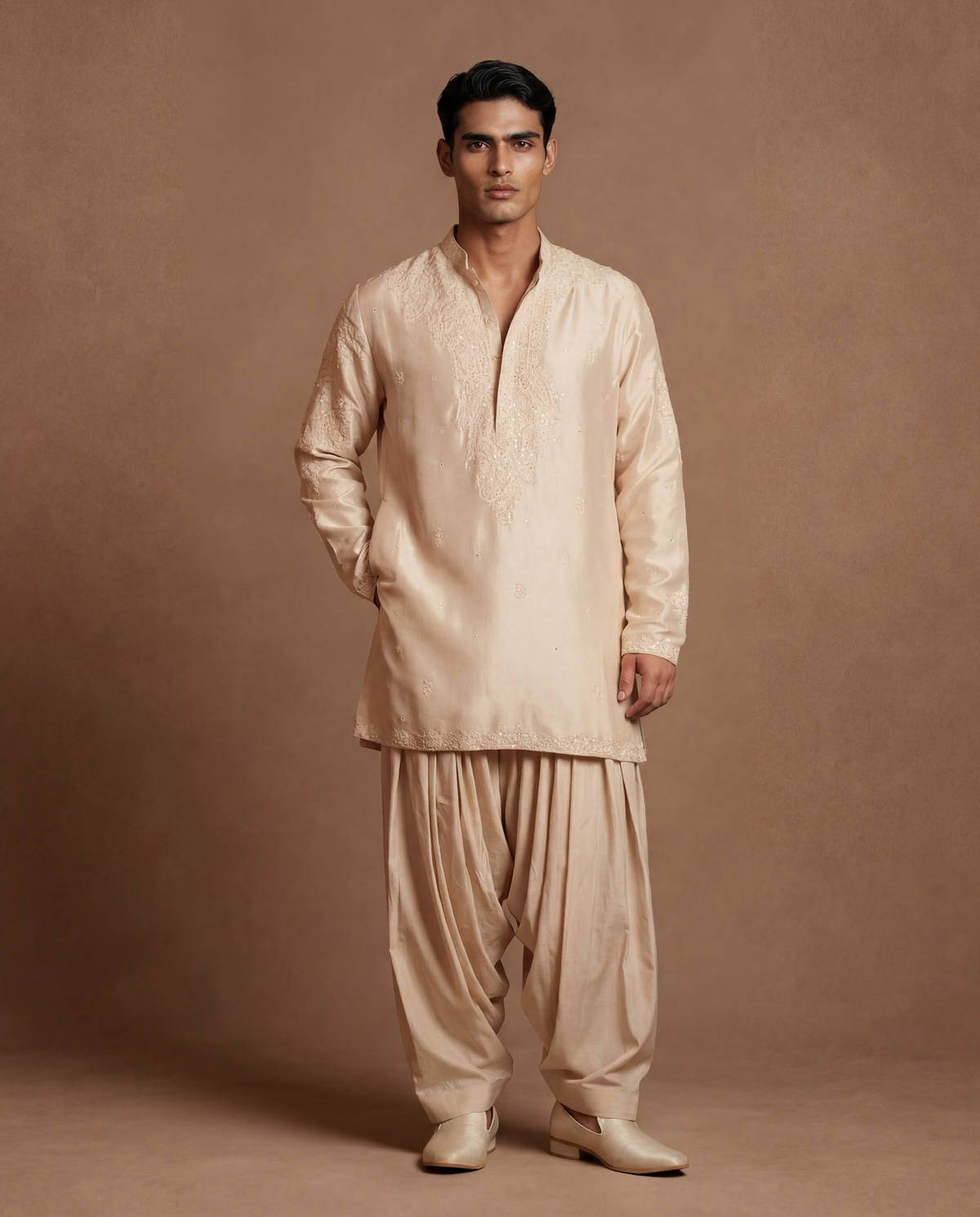 Opulent Alabaster Silk Kurta Set with Organza Stole