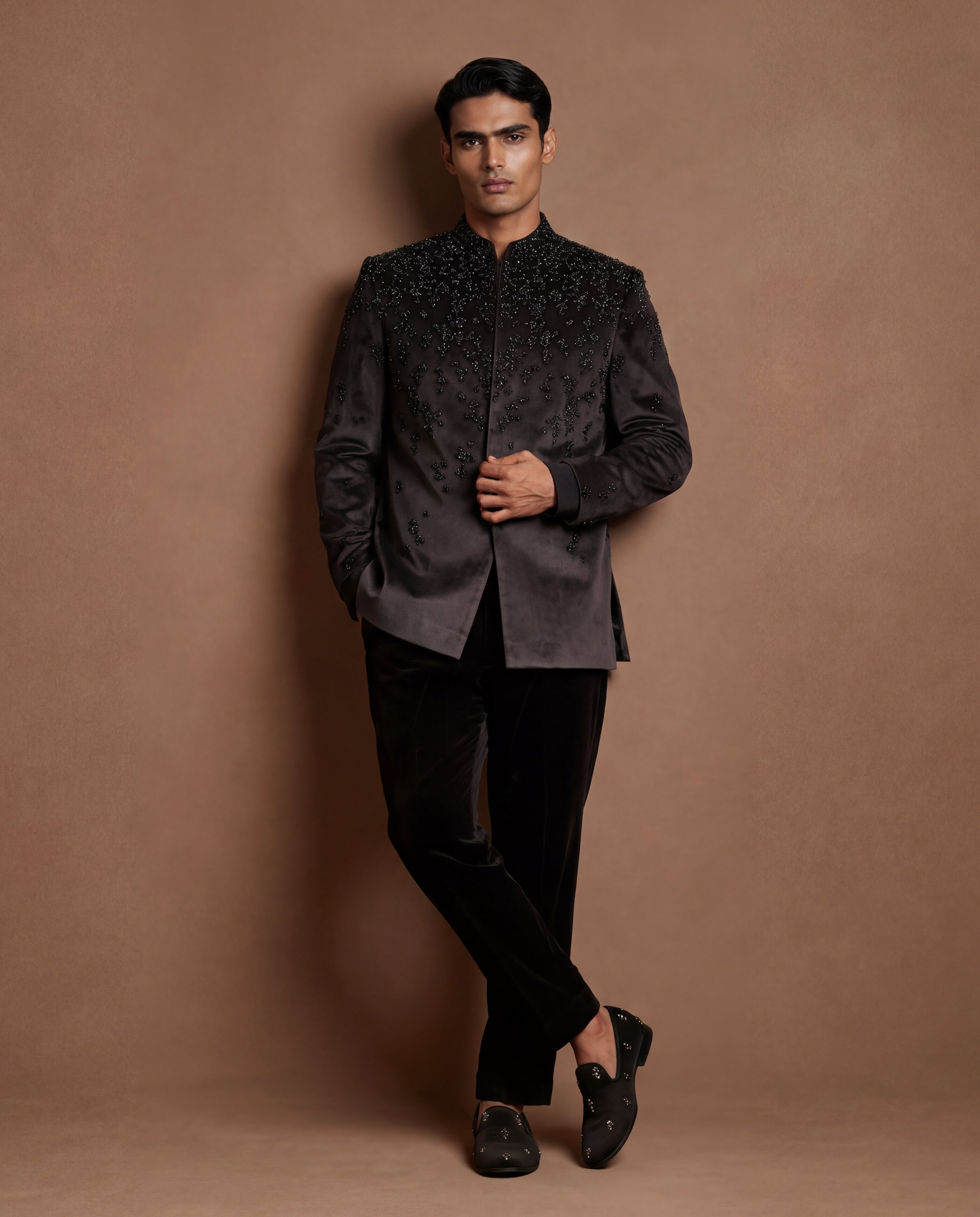Plum Cascade Open Jacket, Shirt & Pant Set