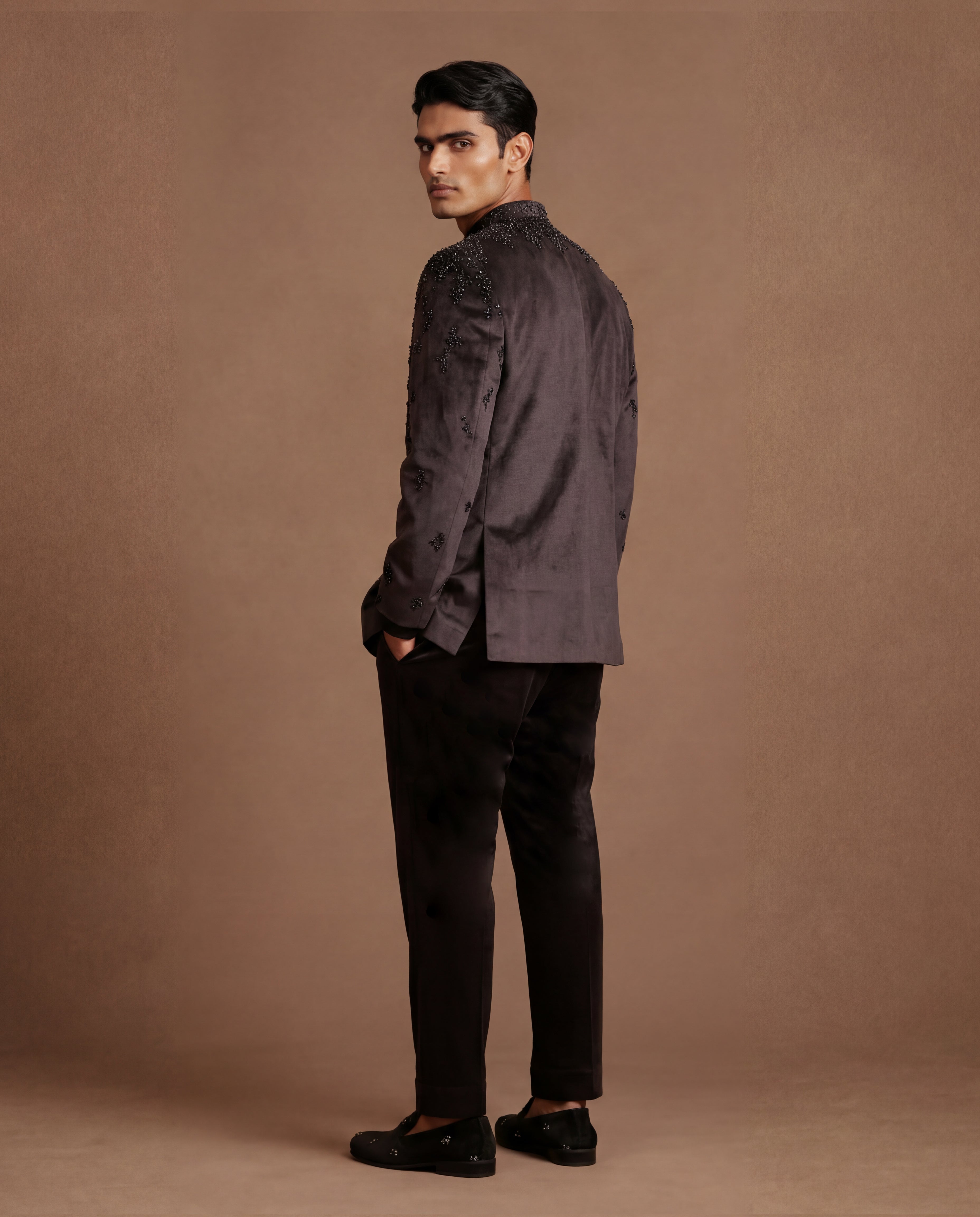 Plum Cascade Open Jacket, Shirt & Pant Set