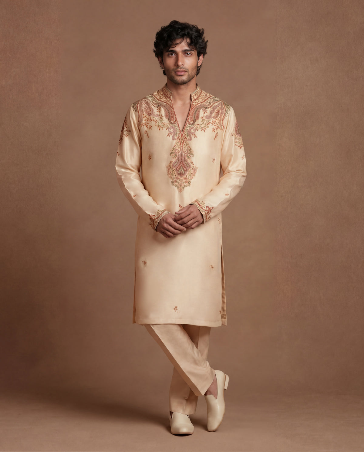 Bisque Hand Embroidered Silk Kurta Set