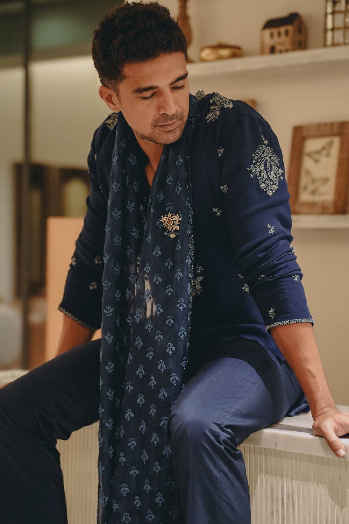 Saqib Saleem in Indigo Élan Kurta & Salwar set