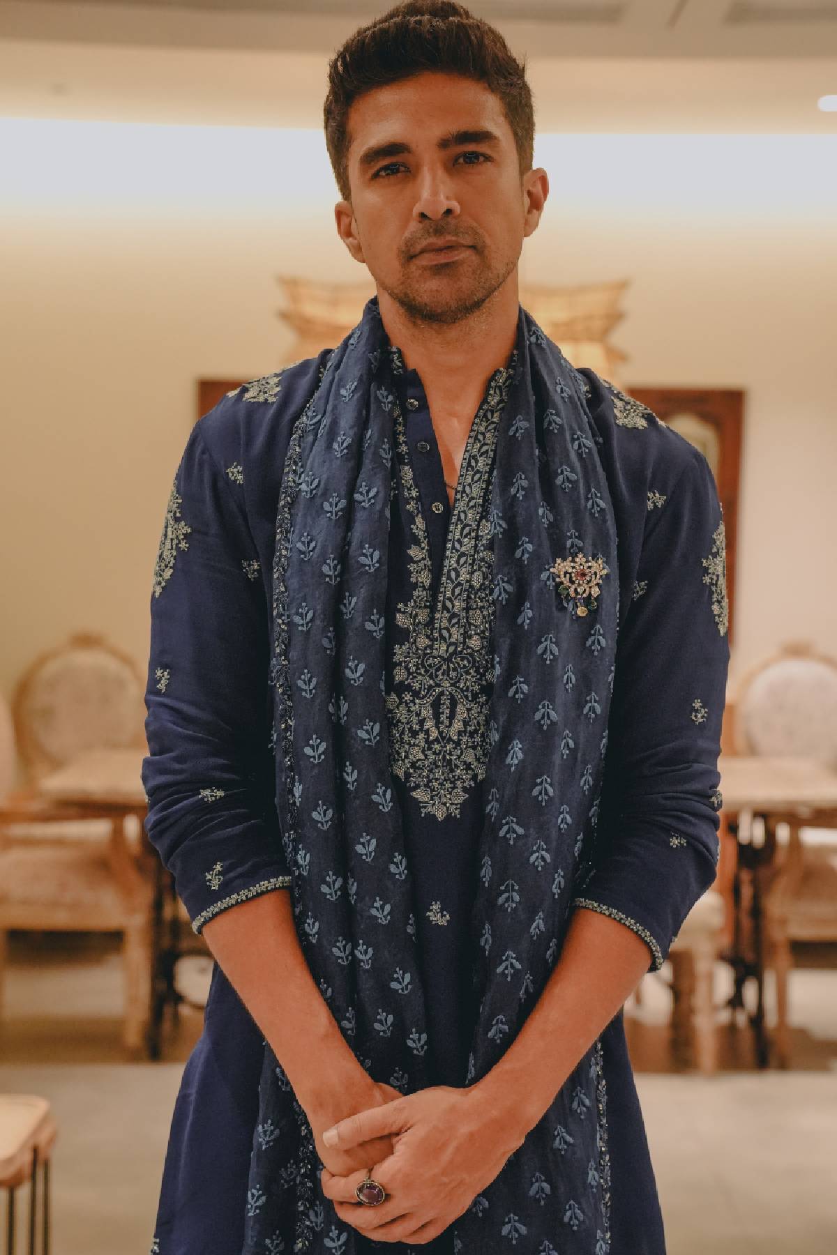 Saqib Saleem in Indigo Élan Kurta & Salwar set