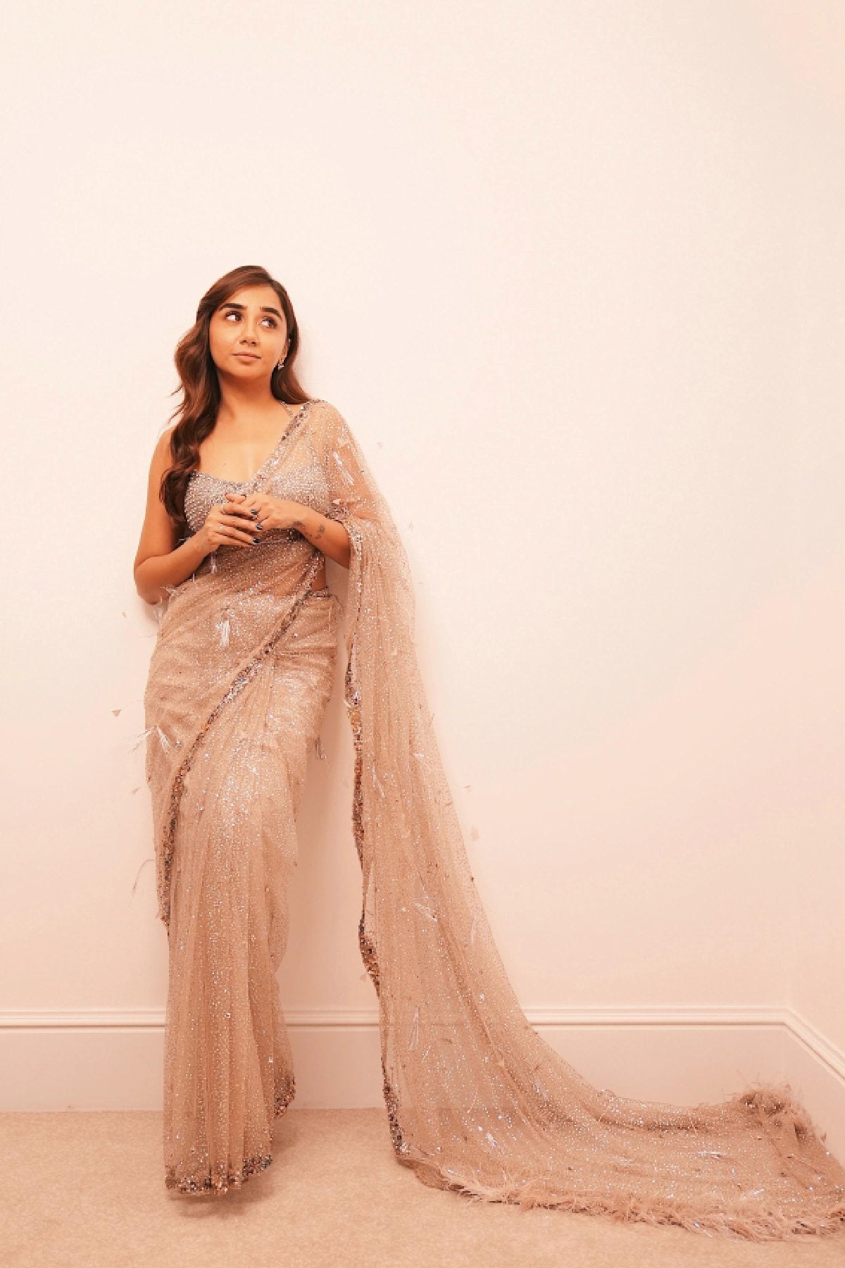 Prajakta kohli in "Arete" Dusty Ivory Shimmer Tulle Bridal Sari