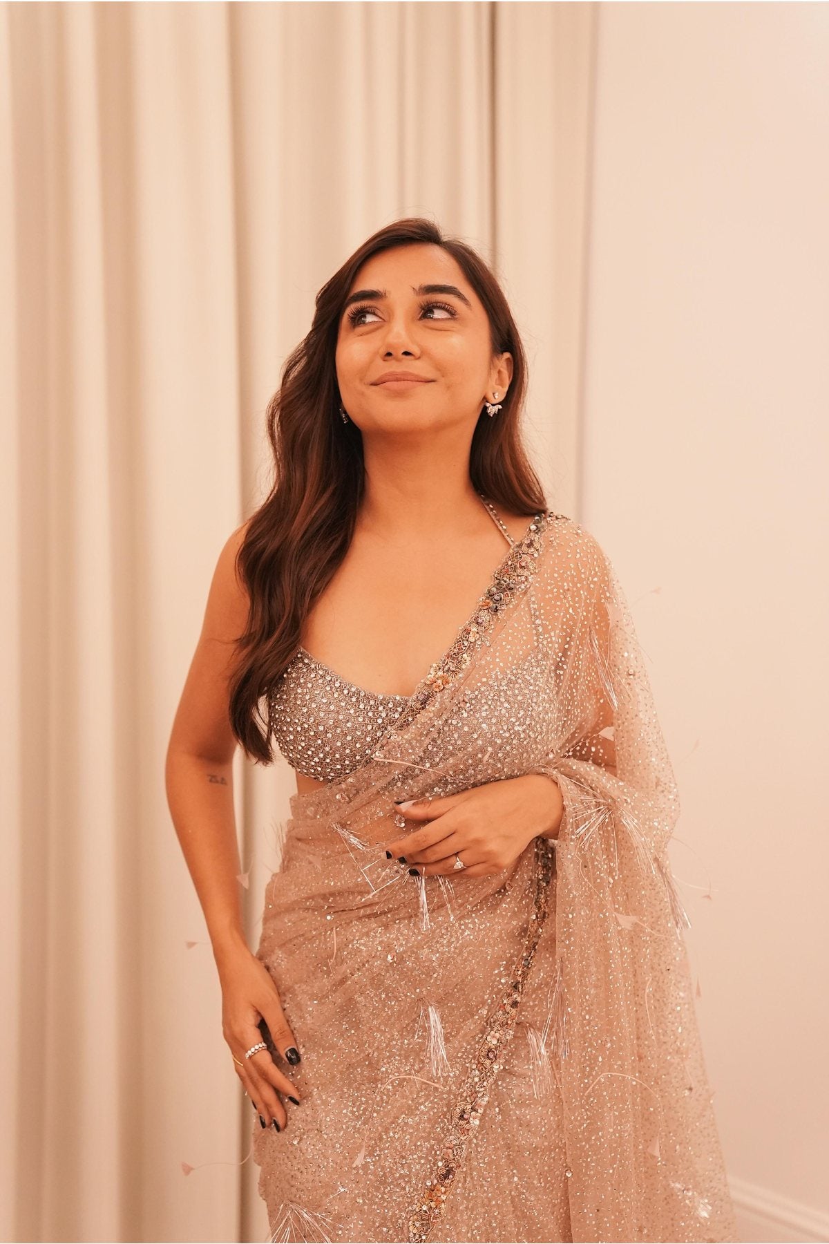 Prajakta kohli in "Arete" Dusty Ivory Shimmer Tulle Bridal Sari