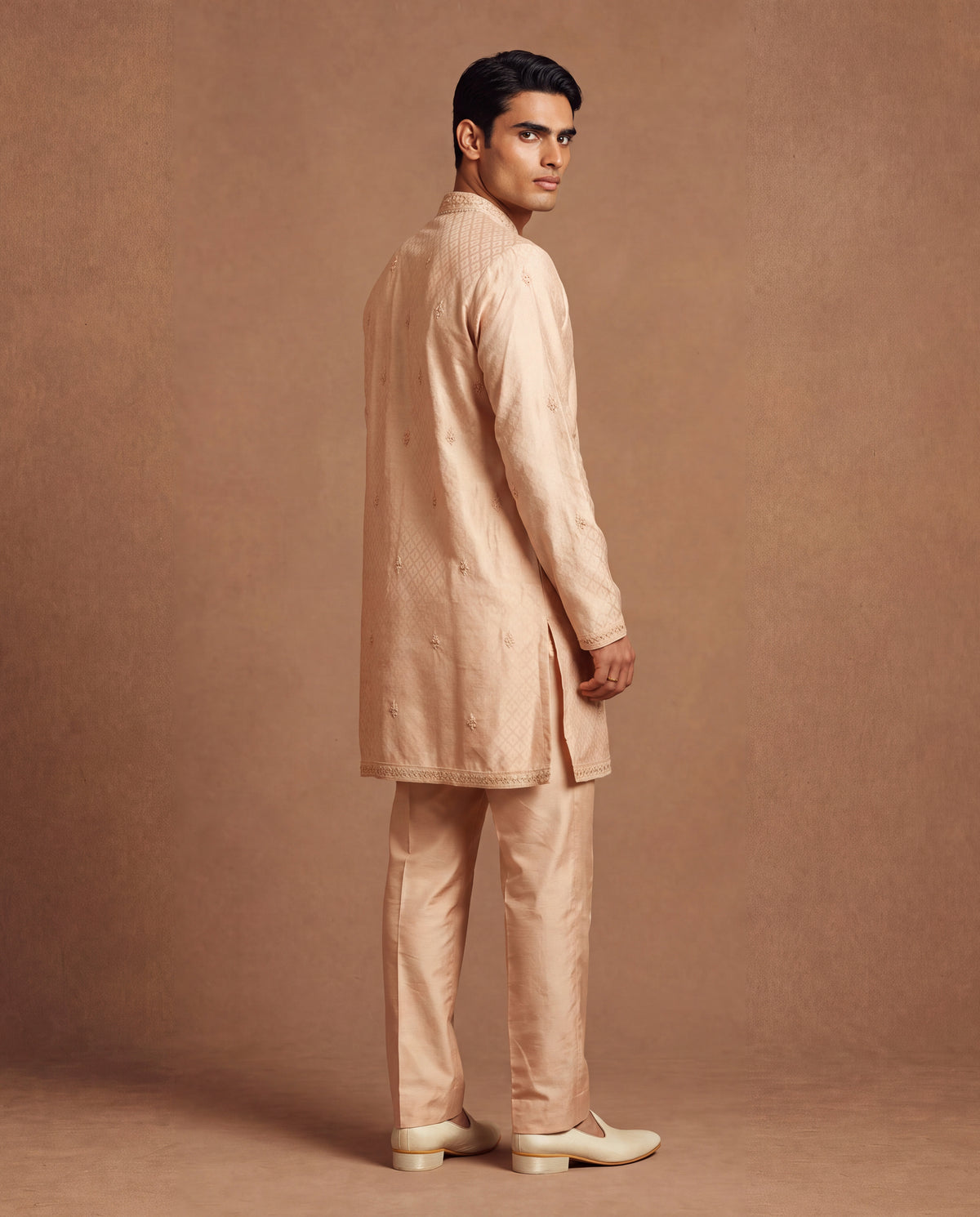 Beige Kashidakari Silk Kurta Set