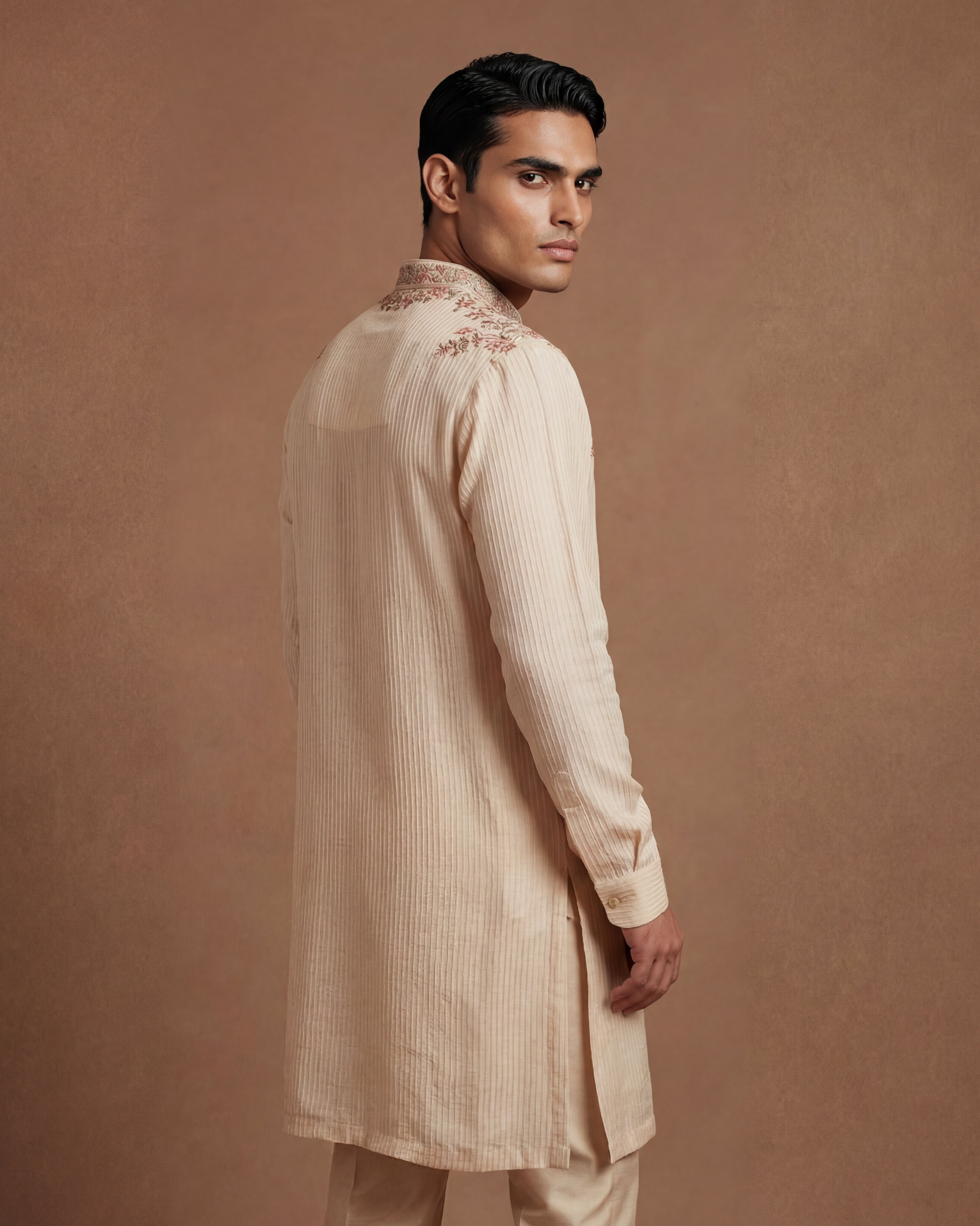 Ivory Pintuck & Pearl Kashidakari Silk Kurta Set