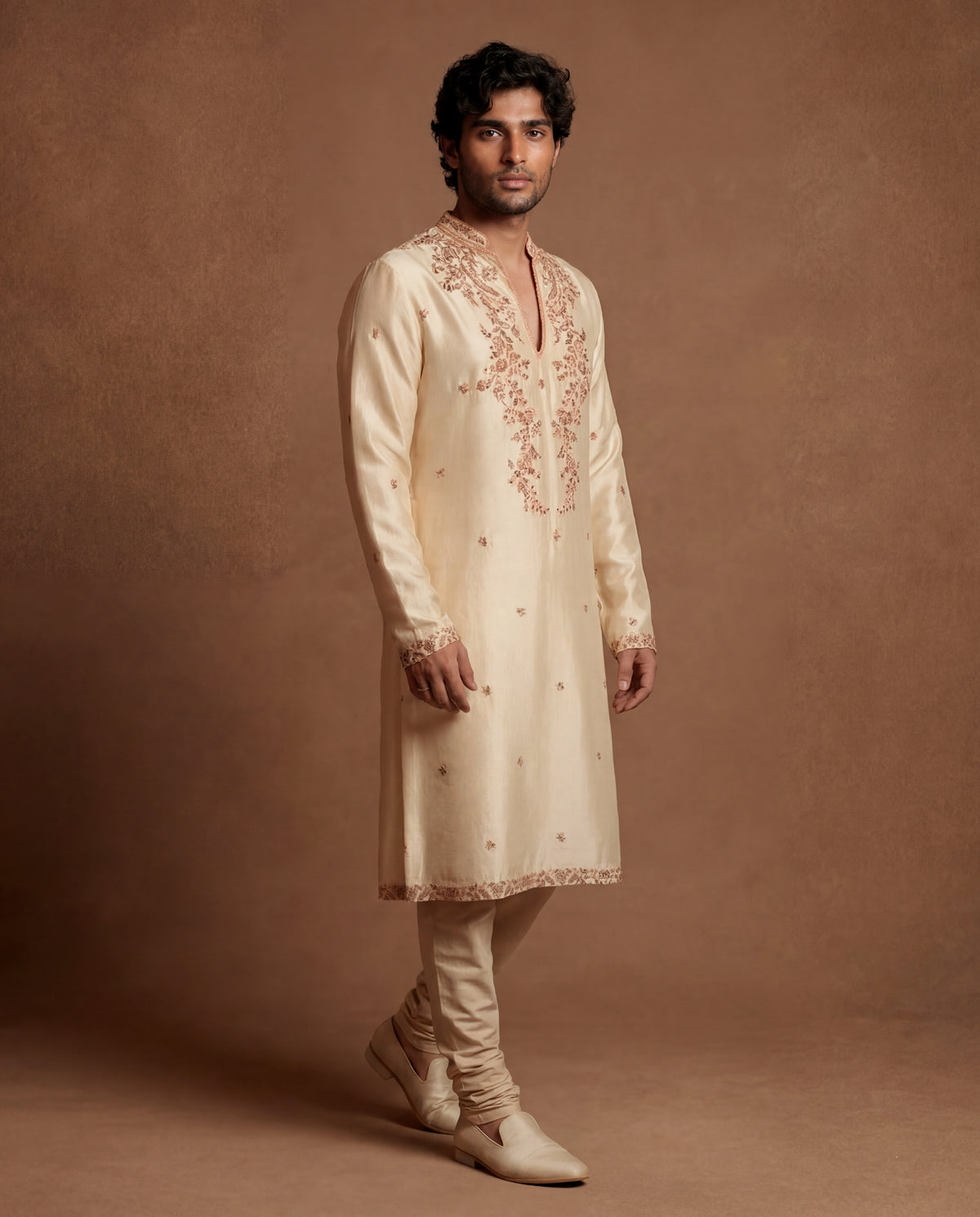 Ivory Kashidakari Silk Kurta Set