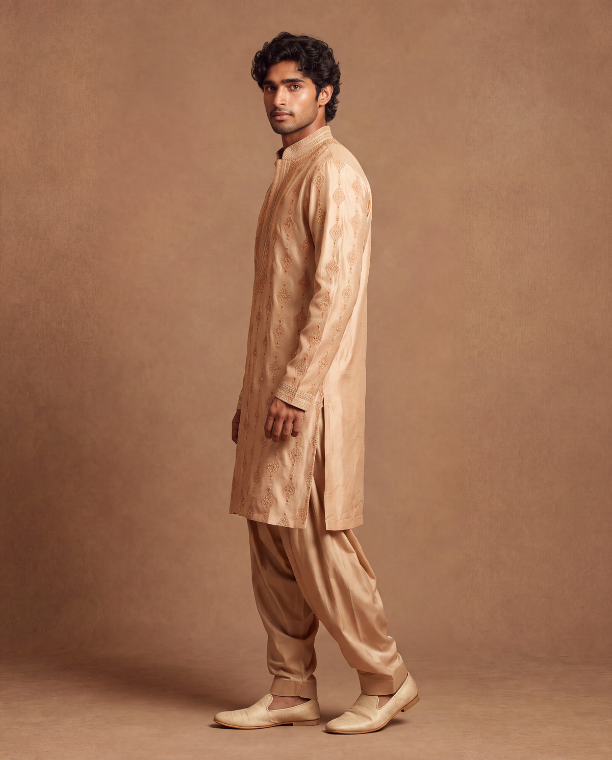 Beige Emboidered Silk Kurta & Salwar Set