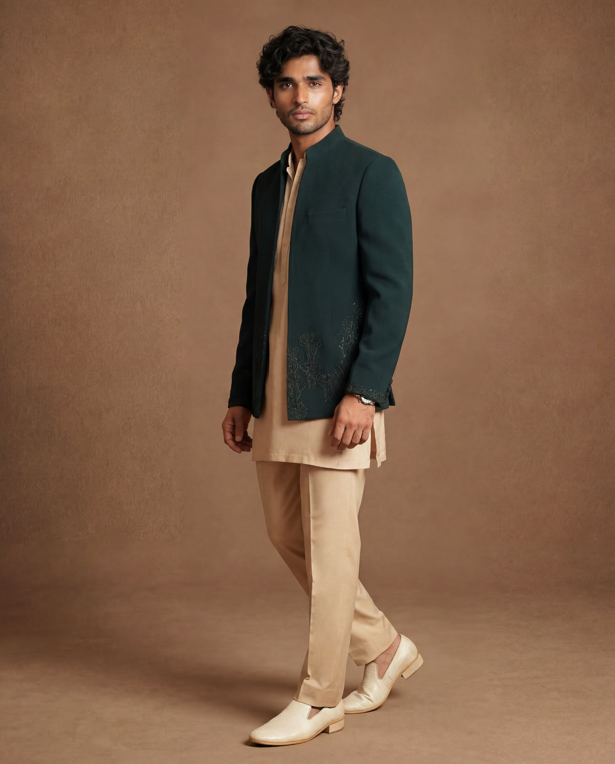 Emerald Reverie Open Jacket, Kurta & Pant Set