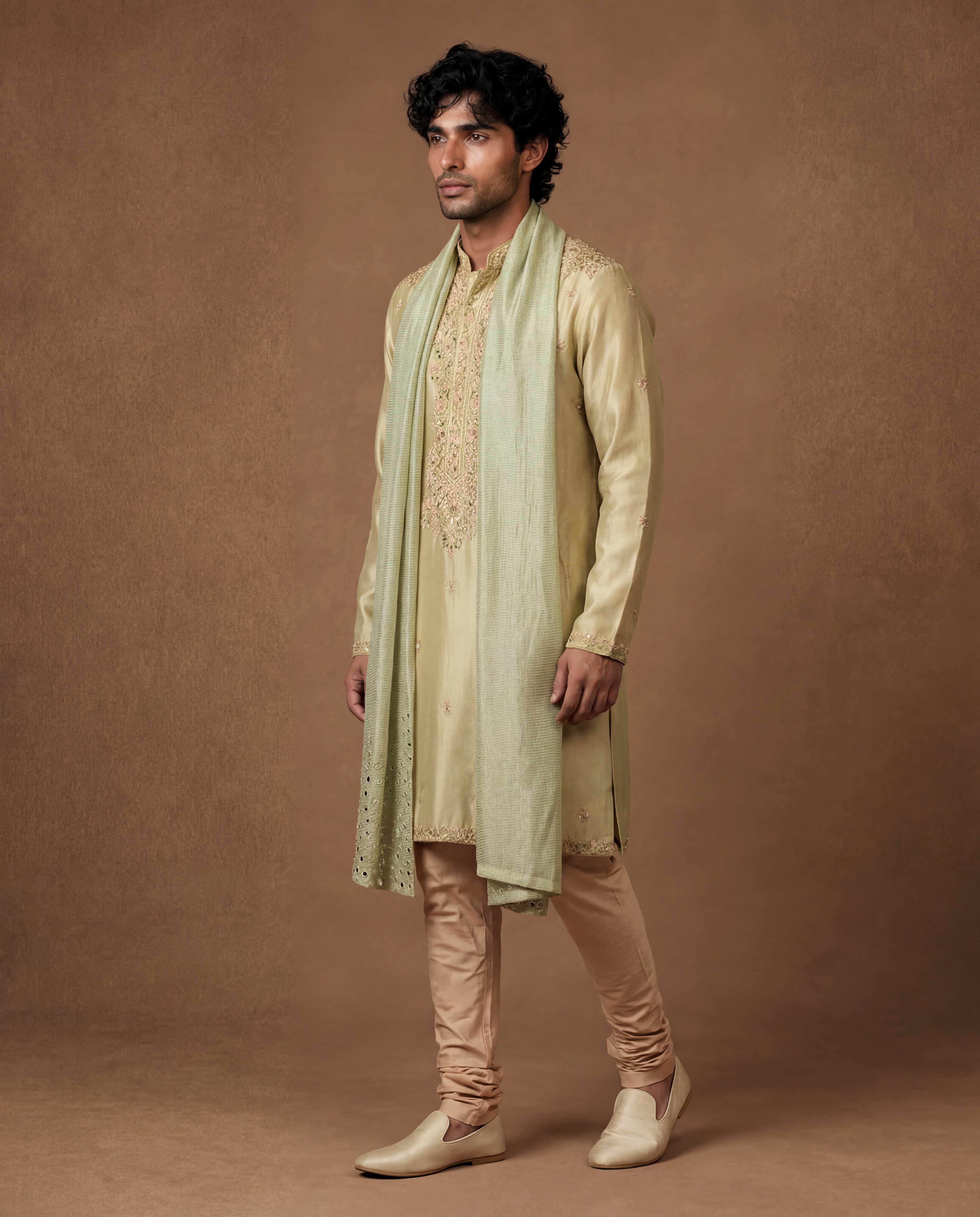 Mint Kashidakari Silk Kurta Set with Stole