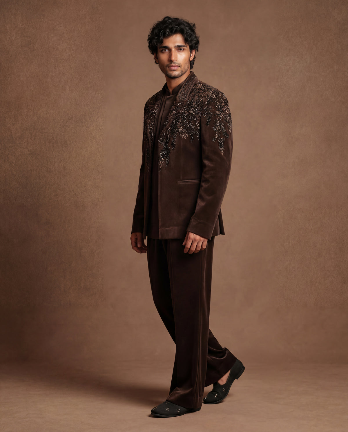 Mocha Topaz Open Jacket, Shirt & Pant Set