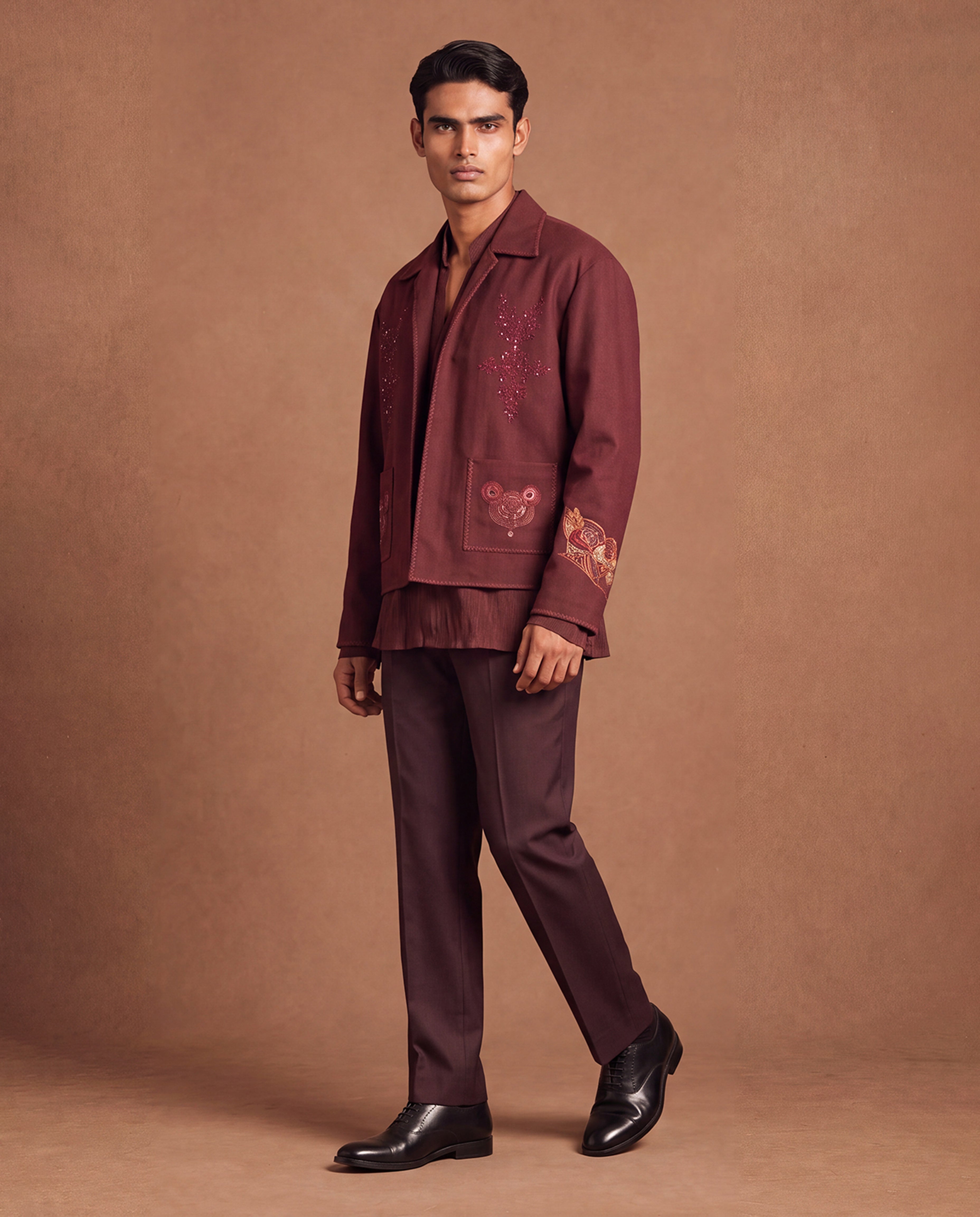 Burgundy Noir Open Jacket, Shirt & Pant Set