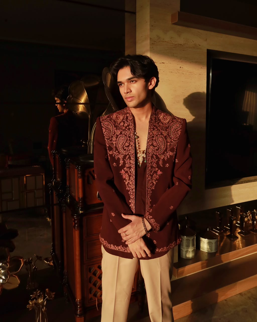 Shrey Singh in Royal Kashida Open Jacket Set