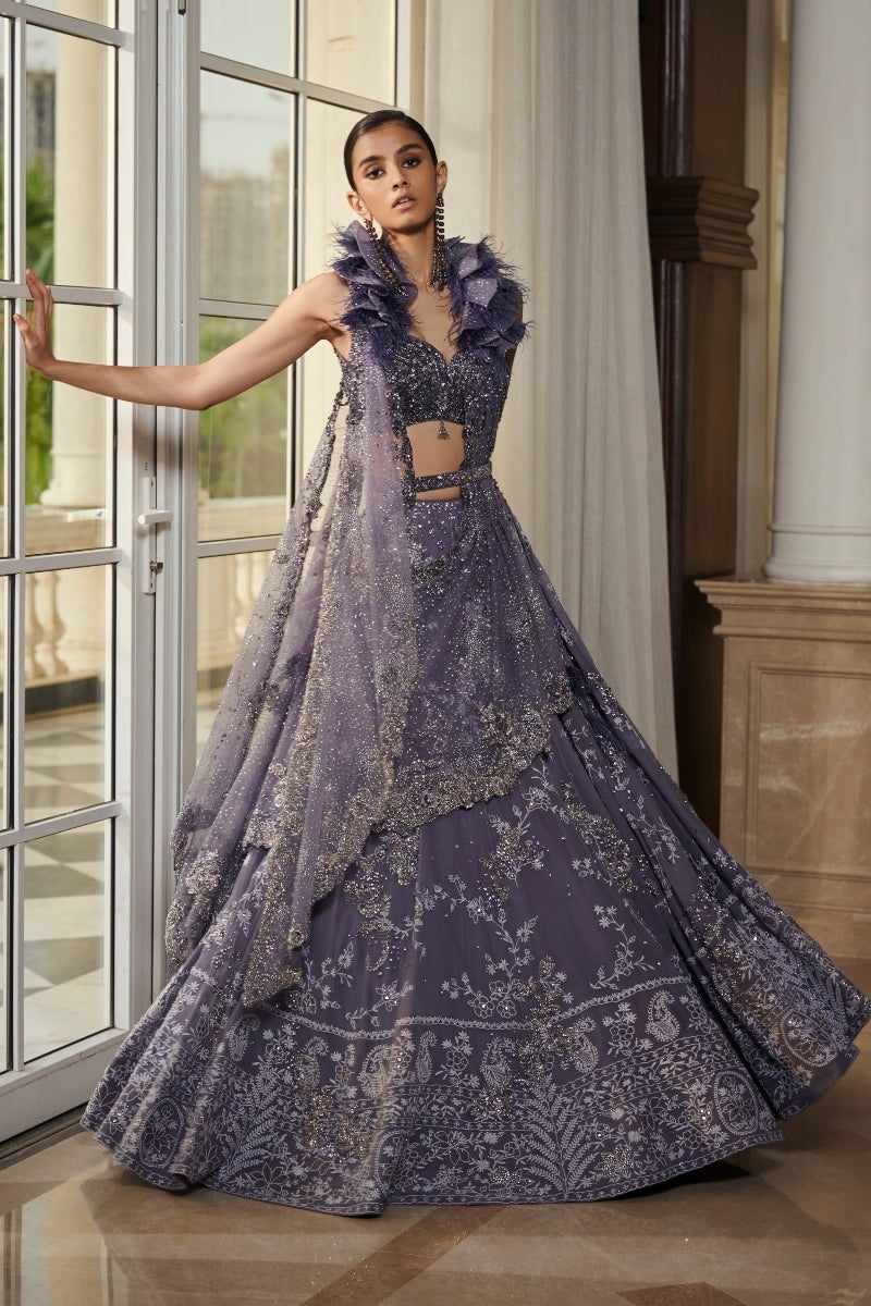 "Nylah" Leaden Blue Chikankari Chiffon Lehenga Set