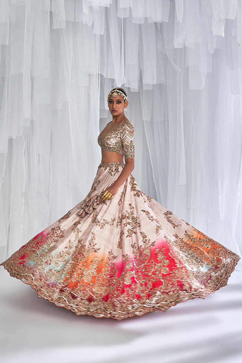 Light Beige V neck Satin Lehenga Set main image 1