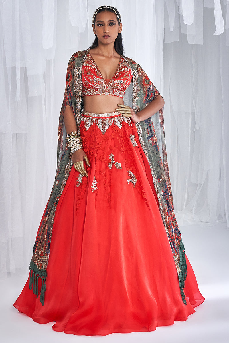 "Jazz" Silk Organza Lehenga With A Satin Cape