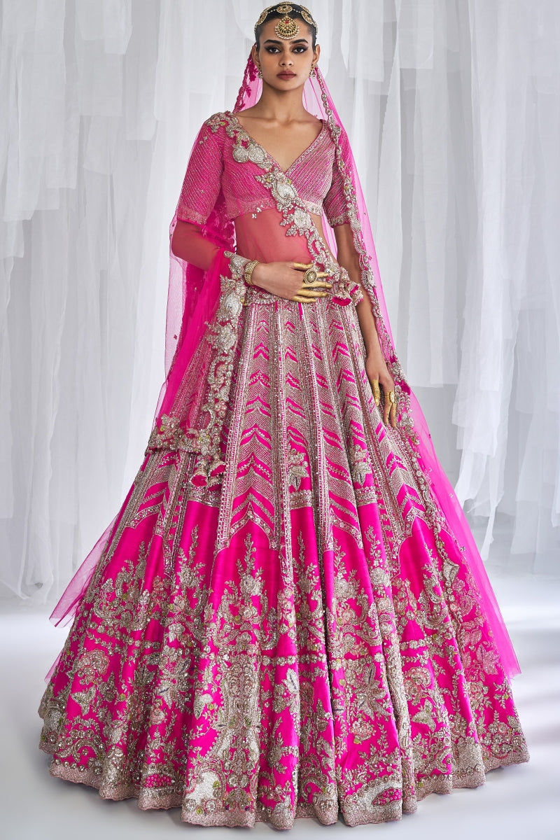 "Cynthia" Fuschia Raw Silk Bridal Lehenga Set