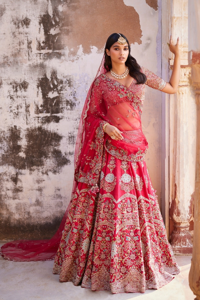 "Thalia" Red Raw Silk Bridal Lehenga