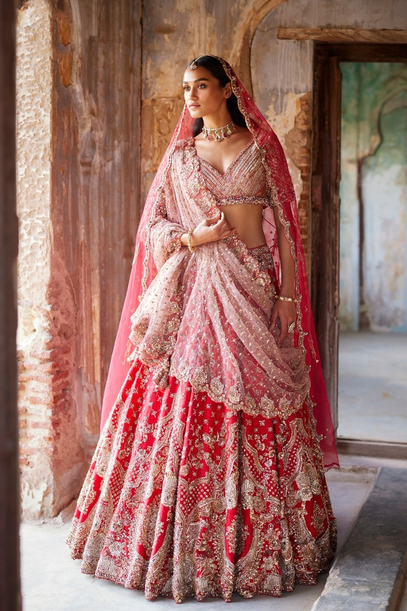 "Eris" Red Raw Silk Bridal Lehenga