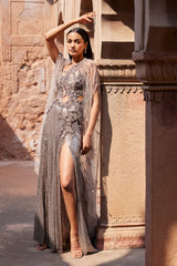 "Circe" Pale Gunmetal Shimmer Tulle Structured Gown