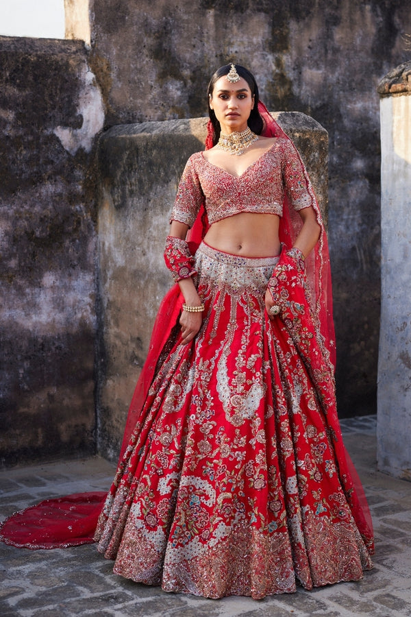 Red And Cream Velvet Wedding Lehenga Choli -