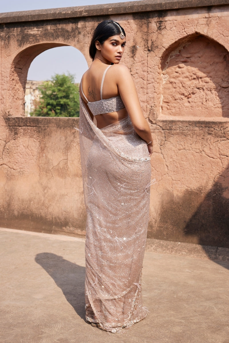 "Arete" Dusty Ivory Shimmer Tulle Bridal Sari