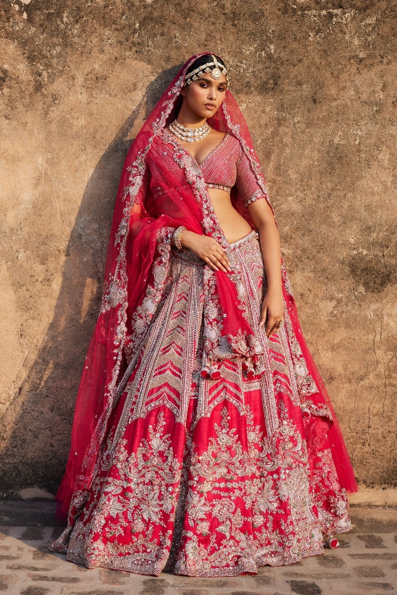 "Lysandra" Red Raw Silk Bridal Lehenga Set