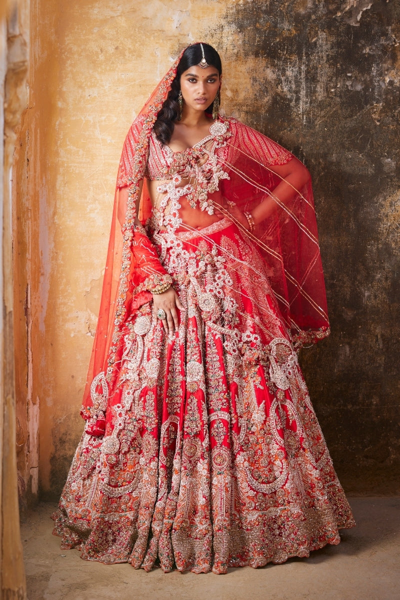 "Persephone" Red Raw Silk Bridal Lehenga