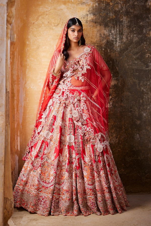 Traditional Wedding Bridal Red & Peach Lehenga Set [product_title] | OORVI  DESAI | Designer Indian Wedding Dresses in London