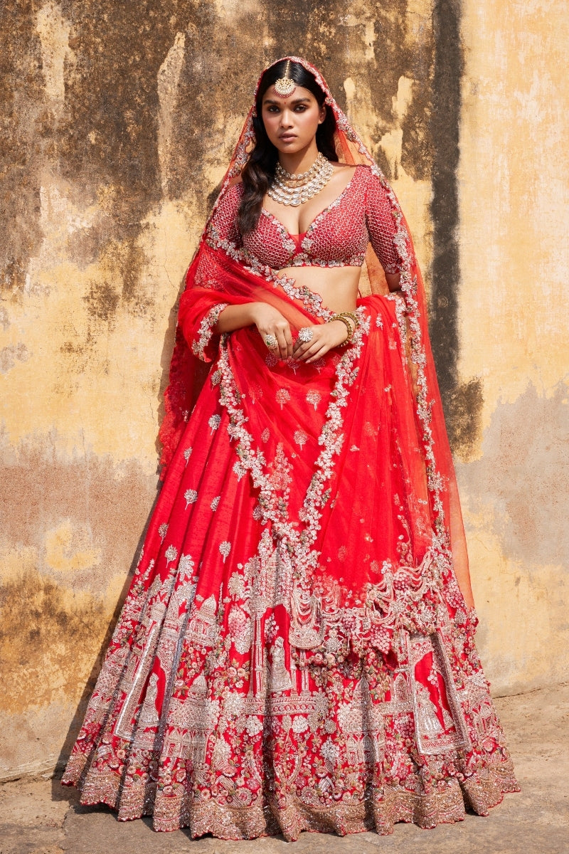 "Idalia" Red Raw Silk Bridal Lehenga