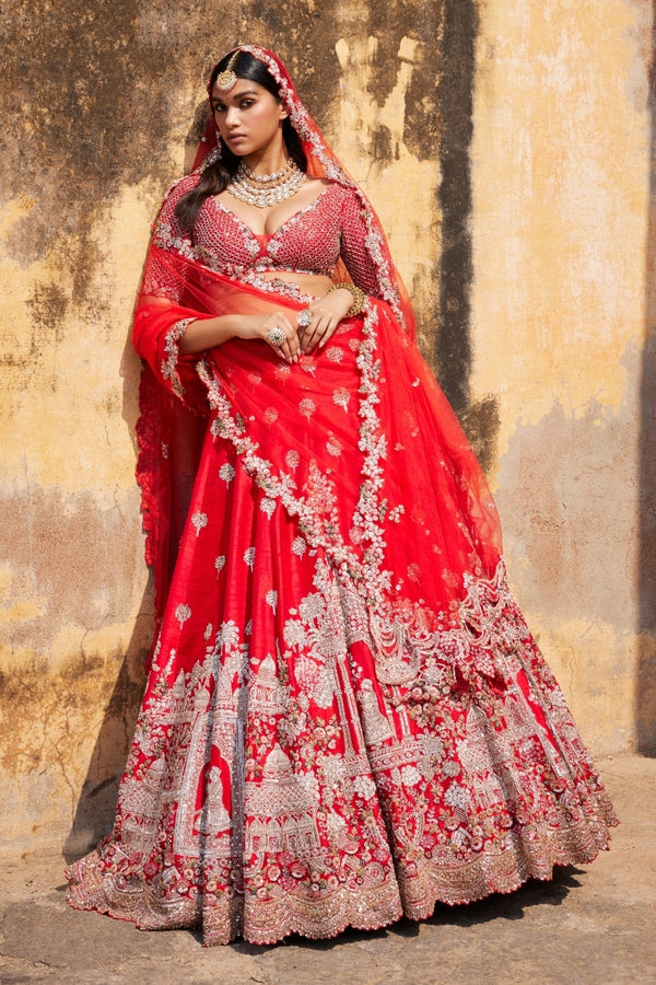 Dive Into The Latest Trend In Royal Red Bridal Lehenga! - House of Surya