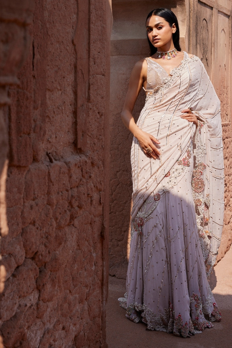 "Zephyr" Dusty Ivory Mukaish Kalidar Sari