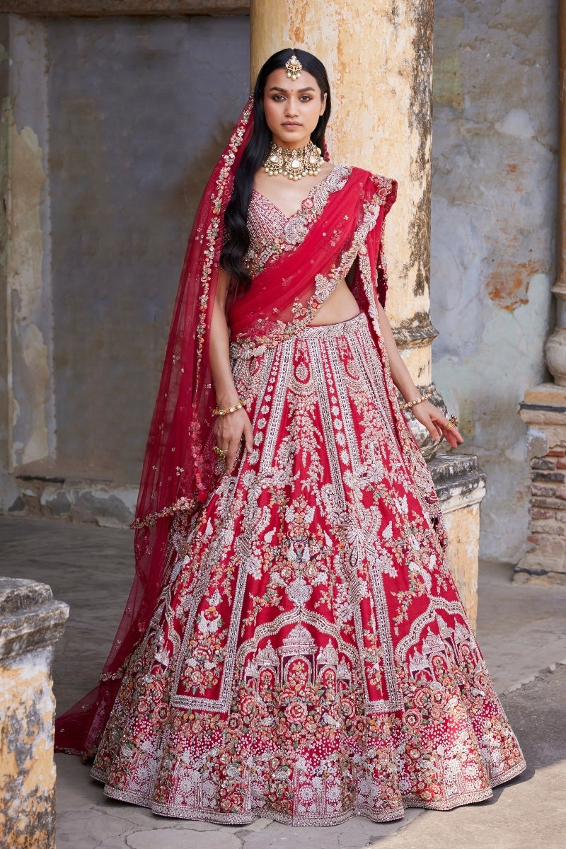 "Eleni" Maroon Raw Silk Bridal Lehenga