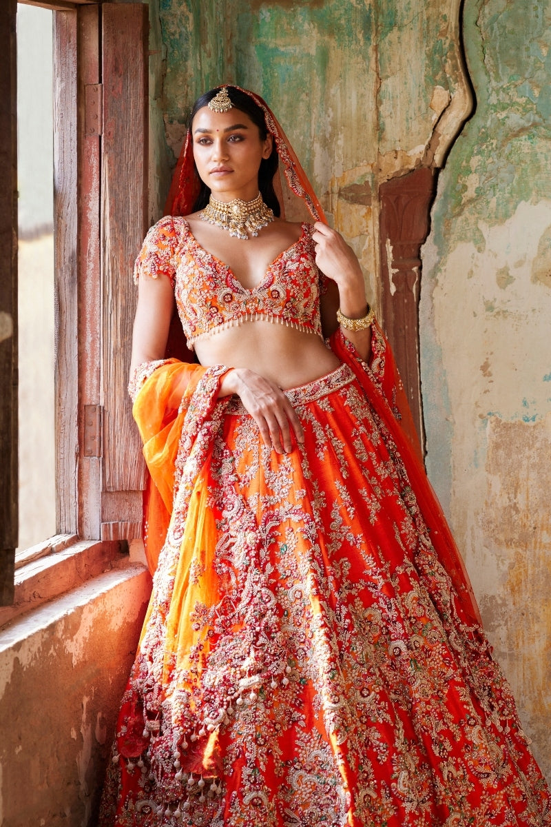 "Juno" Sunset Orange Raw Silk Bridal Lehenga Set